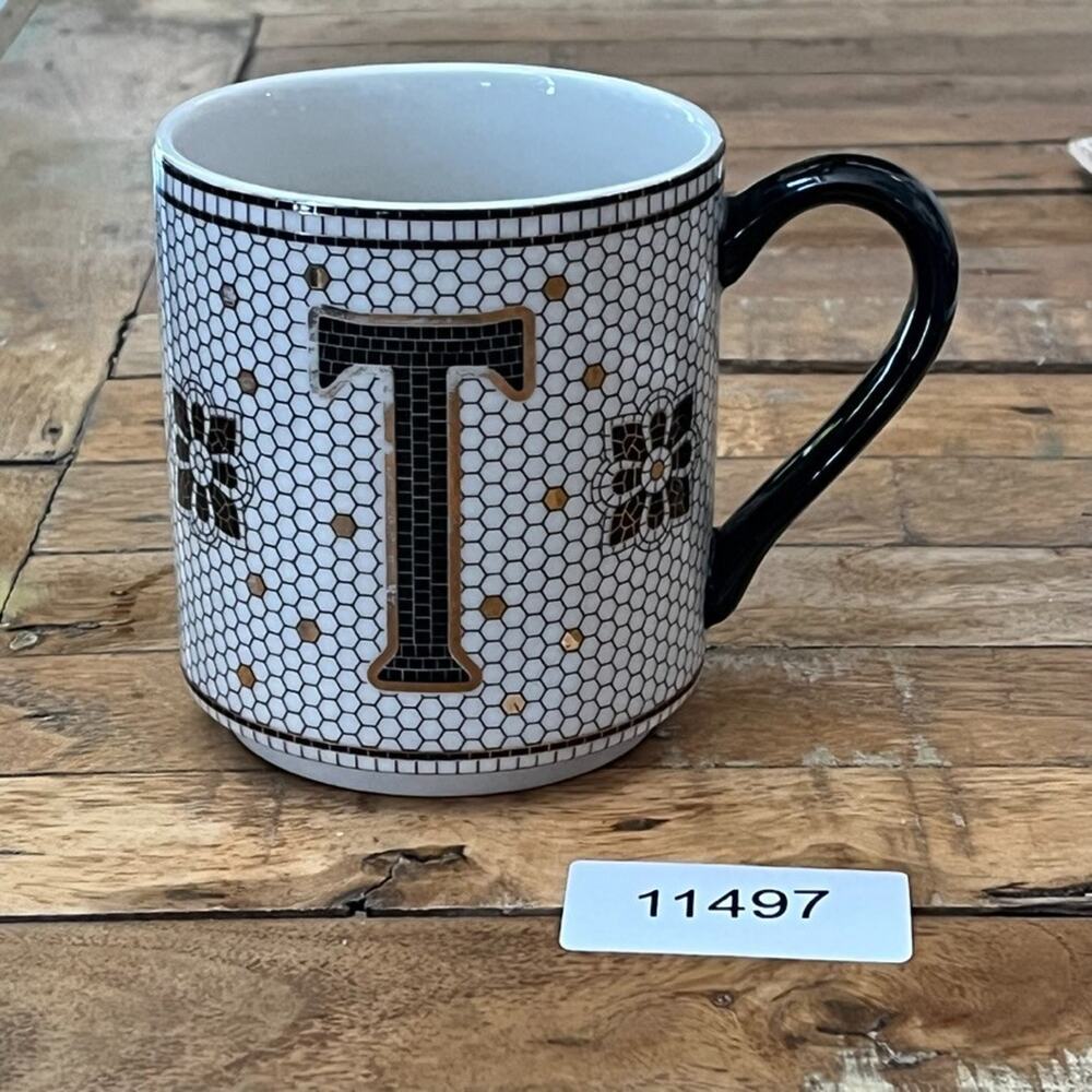 Anthropologie Mug 4" Tall 14 oz Letter T Black Gold Honeycomb Mosaic Tile - Picture 7 of 7